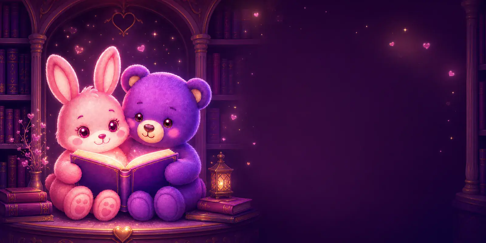 Milo, l’ourson violet, et Lila, la lapine rose, lisent un livre ensemble dans la bibliothèque du club Toi & Moi