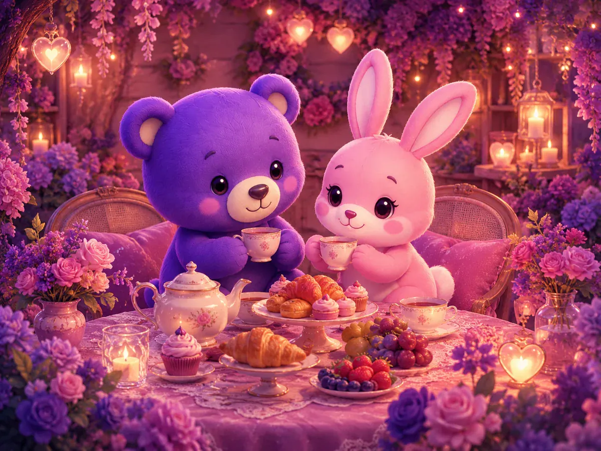 Milo et Lila partagent un thé et un brunch dans un décor fleuri.