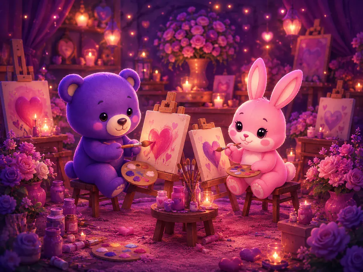 Milo et Lila peignent des cœurs dans un atelier chaleureux.