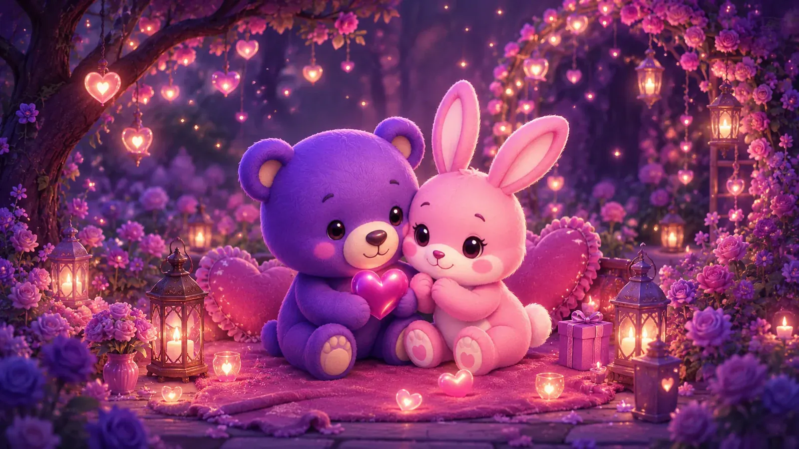Milo, ourson violet, et Lila, lapine rose, réunis dans un jardin illuminé de cœurs.
