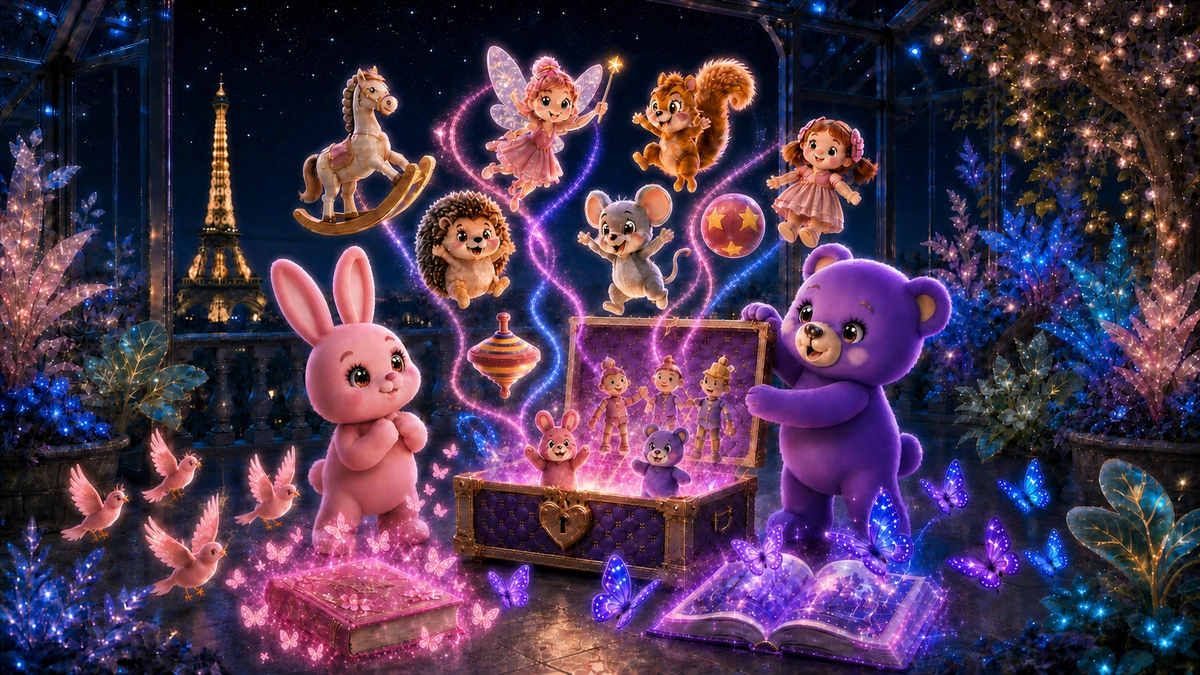 Milo et Lila ouvrent un coffre à jouets magique avec leurs amis dans une serre parisienne enchantée, face à Paris illuminé.