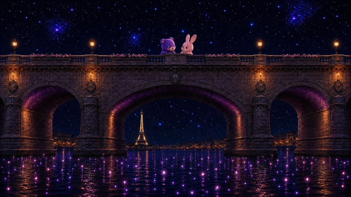 Milo et Lila échangent en tête-à-tête sur un grand pont parisien, au-dessus de la Seine illuminée.