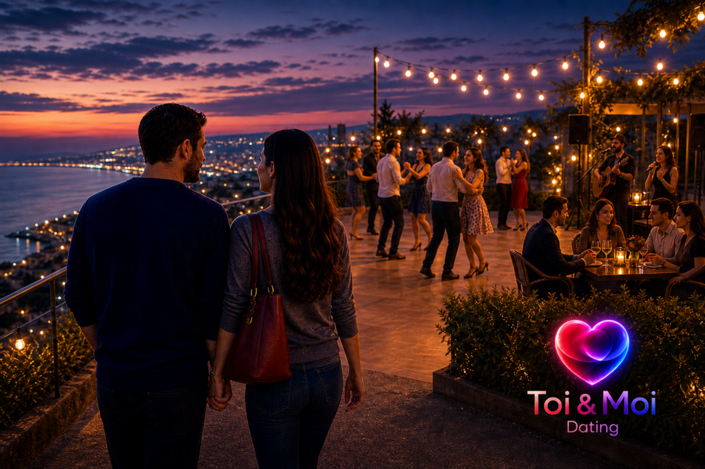 Couple main dans la main regardant une soirée romantique en terrasse au coucher du soleil, avec vue sur la mer et logo Toi & Moi Dating.