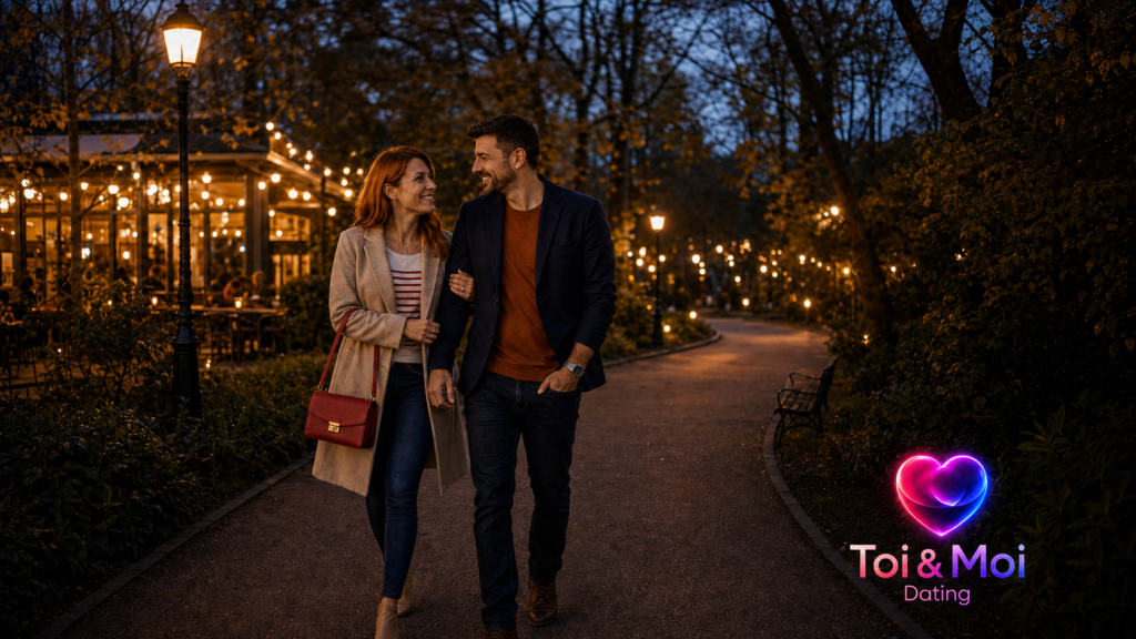 Couple se promenant bras dessus bras dessous dans un parc éclairé le soir, près d’un restaurant, avec le logo Toi & Moi Dating.
