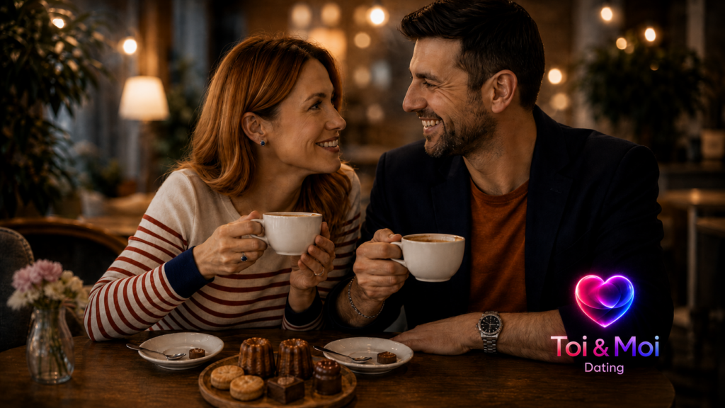 Couple souriant partageant un café et des pâtisseries dans une ambiance chaleureuse, avec le logo Toi & Moi Dating.