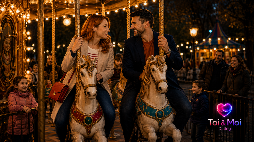 Couple souriant sur un carrousel illuminé dans un parc, avec le logo Toi & Moi Dating.