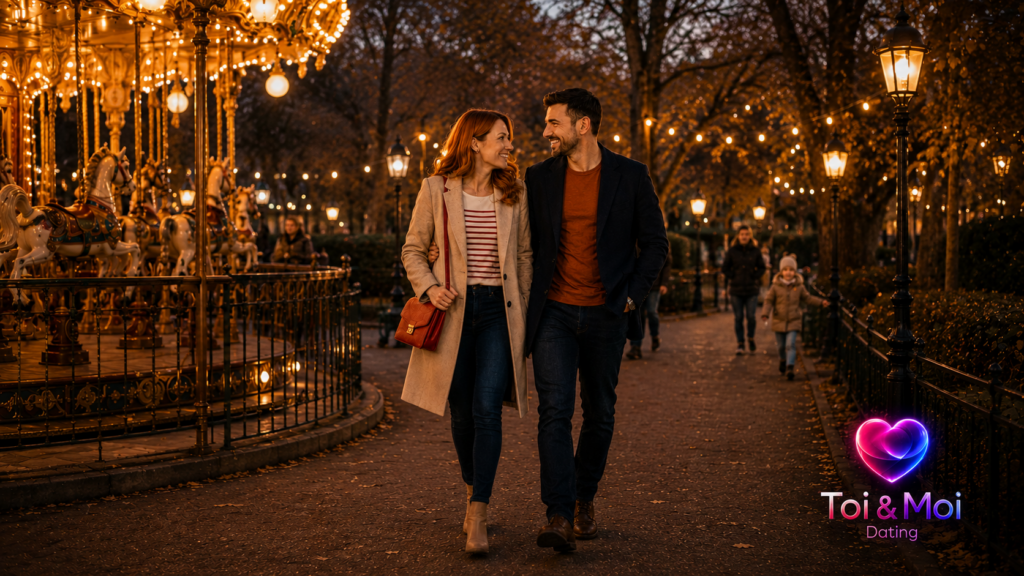 Couple souriant se promenant bras dessus bras dessous dans un parc illuminé, près d’un carrousel, avec le logo Toi & Moi Dating.