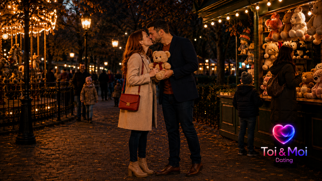 Couple s’embrassant dans une fête foraine illuminée, près d’un stand de peluches et d’un carrousel, avec le logo Toi & Moi Dating.