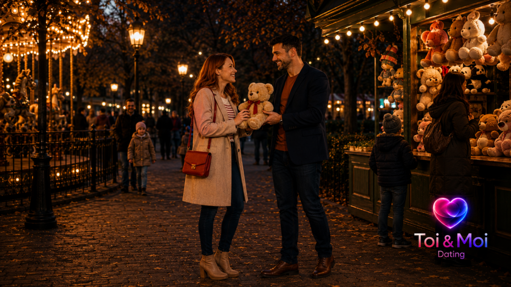 Couple souriant échangeant une peluche dans une fête foraine illuminée, près d’un carrousel, avec le logo Toi & Moi Dating.