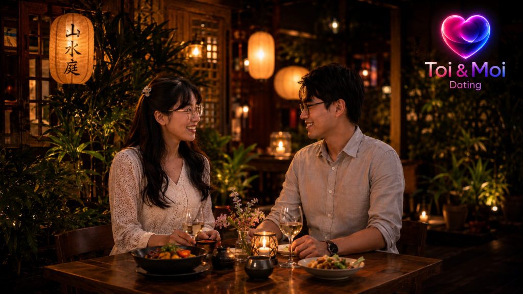 Couple souriant partageant un dîner romantique dans un restaurant chaleureux, avec le logo Toi & Moi Dating.