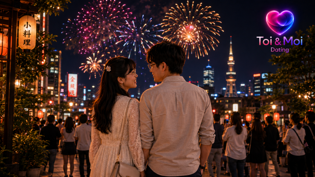 Couple de dos regardant un feu d’artifice au-dessus d’une ville illuminée, avec le logo Toi & Moi Dating.
