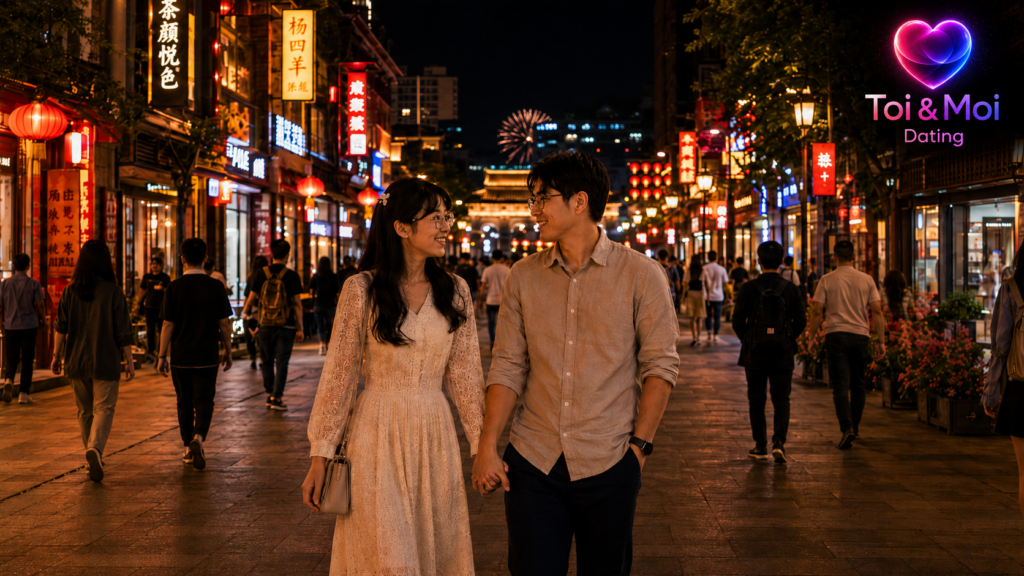 Couple se promenant main dans la main dans une rue animée le soir, avec enseignes lumineuses et logo Toi & Moi Dating.
