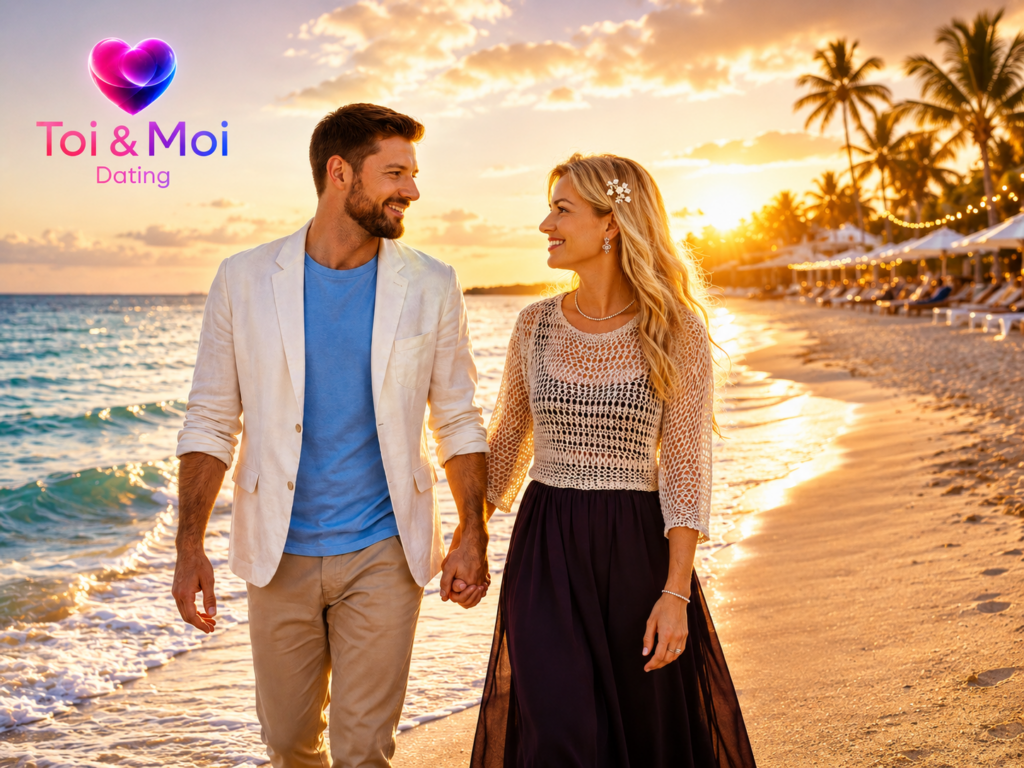Couple souriant se promenant main dans la main sur une plage au coucher du soleil, avec le logo Toi & Moi Dating.