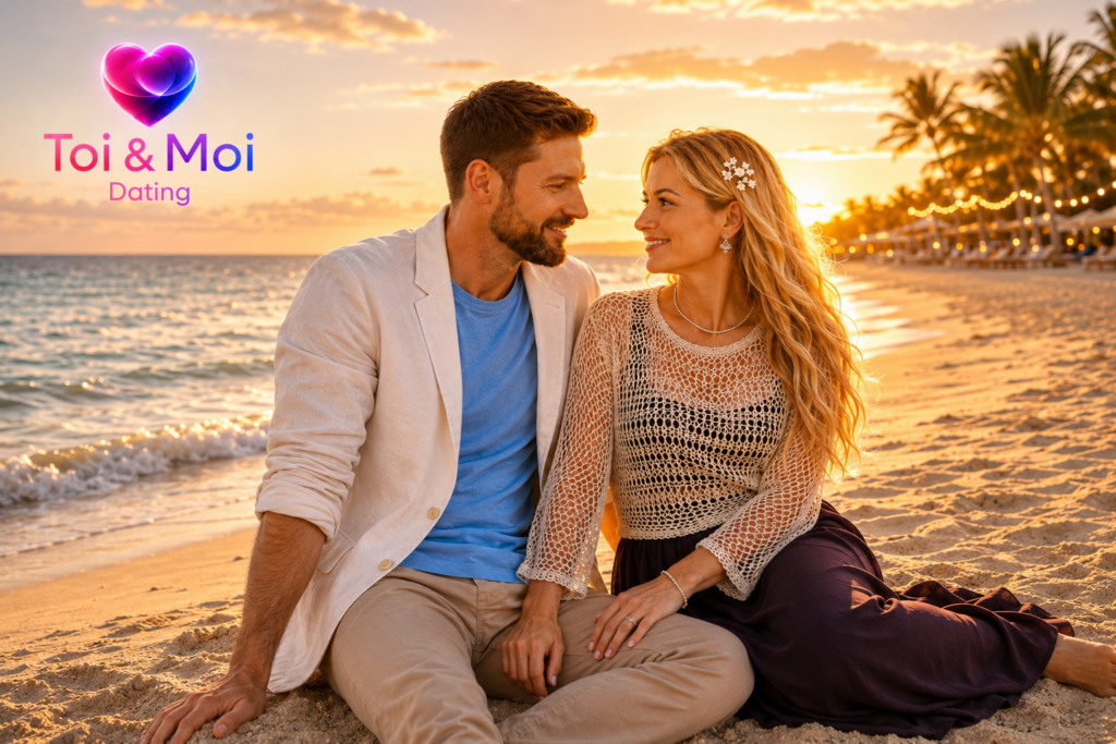 Couple souriant assis sur le sable au coucher du soleil, en bord de mer, avec le logo Toi & Moi Dating.