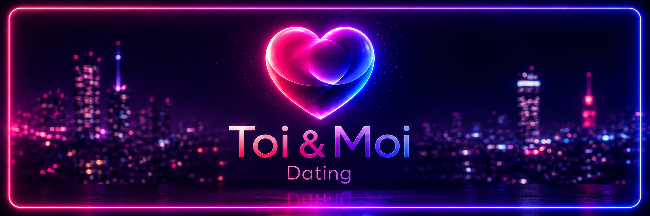 Bannière Toi & Moi Dating avec logo en cœur lumineux sur fond de ville nocturne.