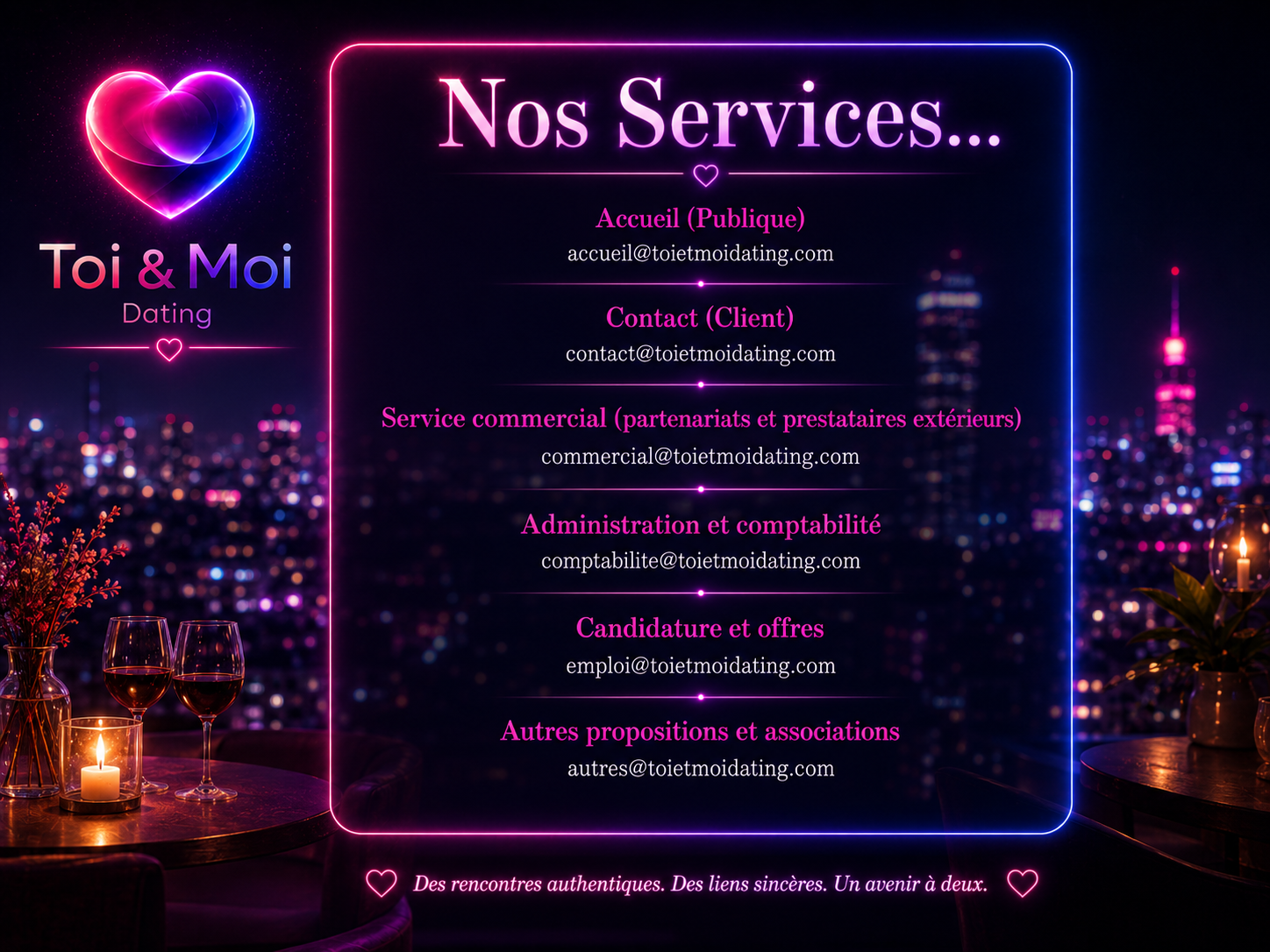 Nos services : accueil, contact clients, service commercial, comptabilité, candidatures et autres propositions, chacun avec son adresse e-mail.