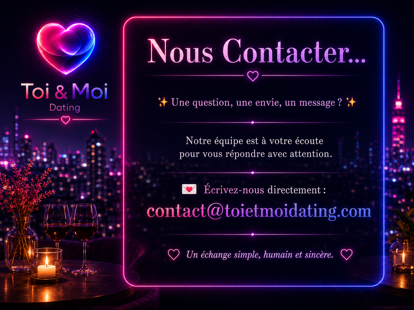 Visuel Nous contacter de Toi & Moi Dating avec l’adresse contact@toietmoidating.com sur fond de ville nocturne.