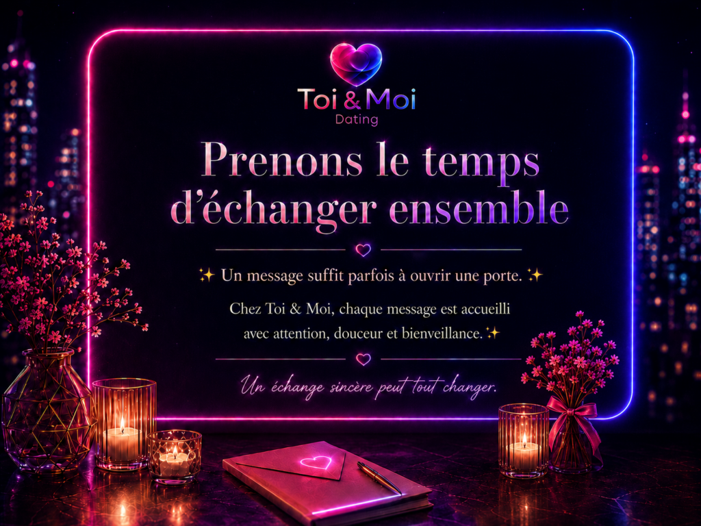 Visuel Toi & Moi Dating “Prenons le temps d’échanger ensemble”, avec message bienveillant, bougies, fleurs et fond de ville nocturne.