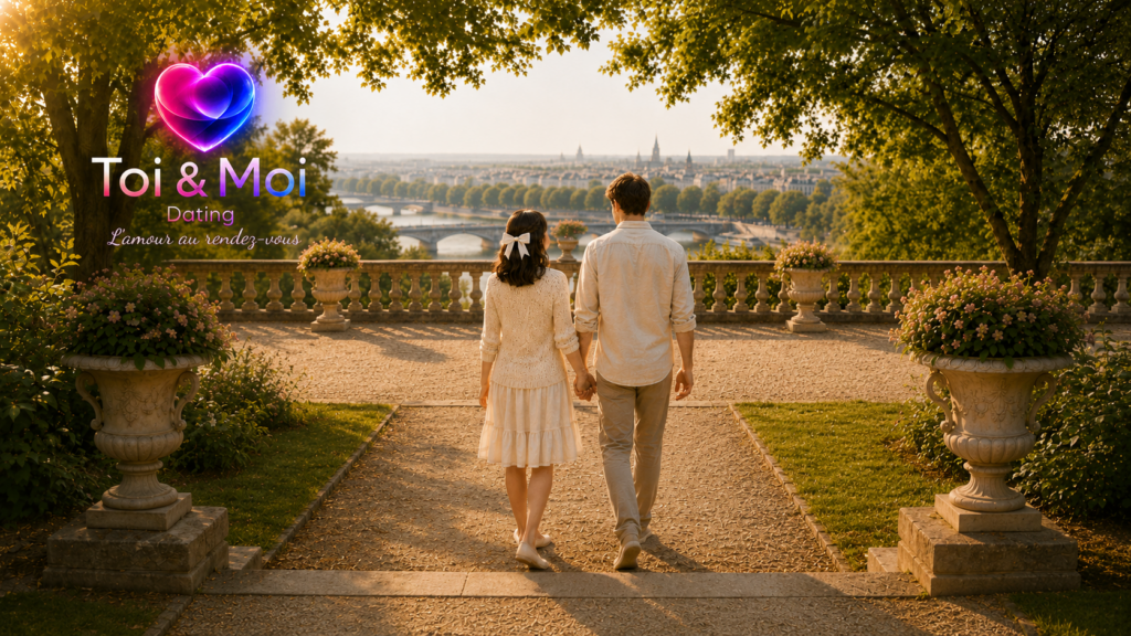 Couple de dos marchant main dans la main vers une terrasse avec vue sur la ville et le fleuve, avec le logo Toi & Moi Dating et le slogan “L’amour au rendez-vous”.