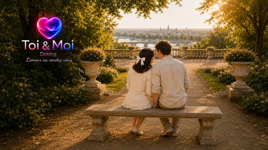 Couple assis de dos sur un banc dans un jardin, avec vue sur la ville et le fleuve, le logo Toi & Moi Dating et le slogan “L’amour au rendez-vous”.