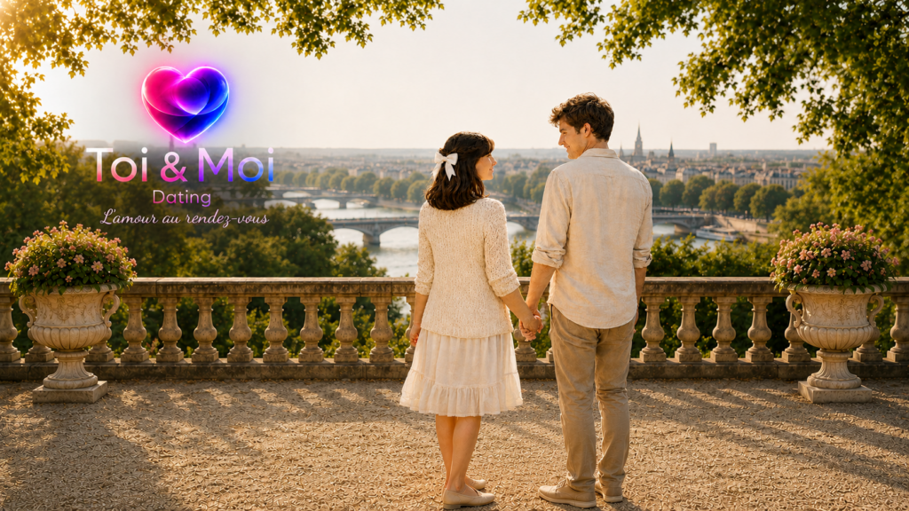 Couple de dos se tenant la main sur une terrasse avec vue sur la ville et le fleuve, avec le logo Toi & Moi Dating et le slogan “L’amour au rendez-vous”.