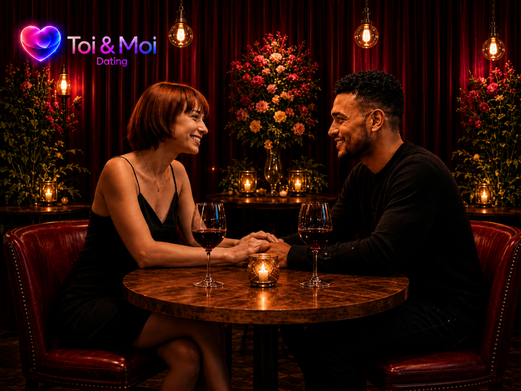 Couple souriant se tenant les mains lors d’un rendez-vous romantique aux chandelles, avec le logo Toi & Moi Dating.