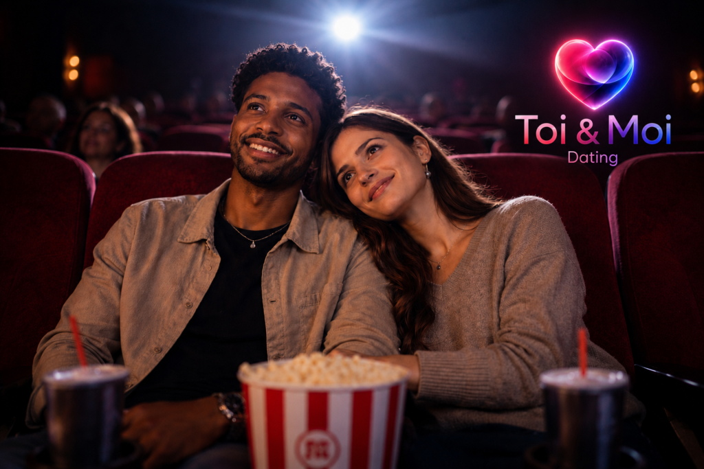 Couple souriant assis dans une salle de cinéma avec popcorn et boissons, sous le logo Toi & Moi Dating.