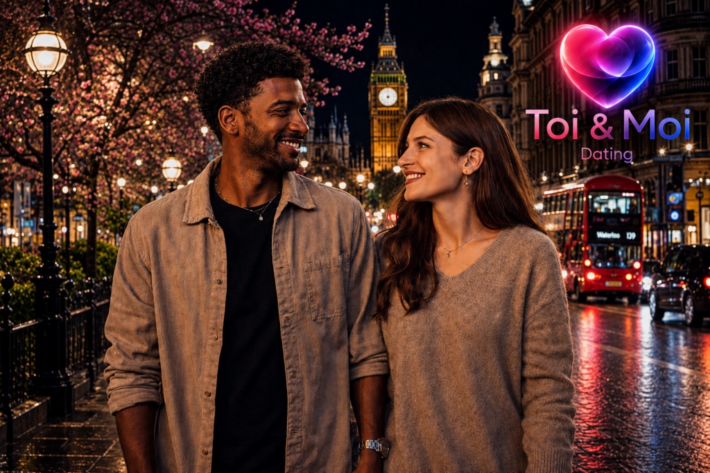 Couple souriant se promenant à Londres le soir, avec Big Ben, un bus rouge et le logo Toi & Moi Dating.