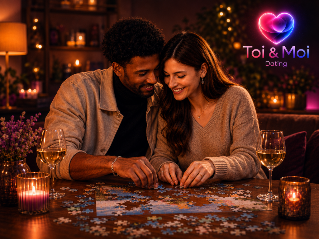 Couple souriant faisant un puzzle ensemble lors d’une soirée romantique, avec bougies, verres de vin et logo Toi & Moi Dating.
