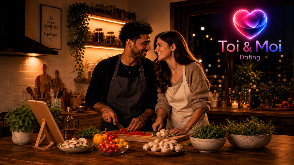 Couple souriant cuisinant ensemble lors d’un atelier convivial, avec ingrédients frais et logo Toi & Moi Dating.