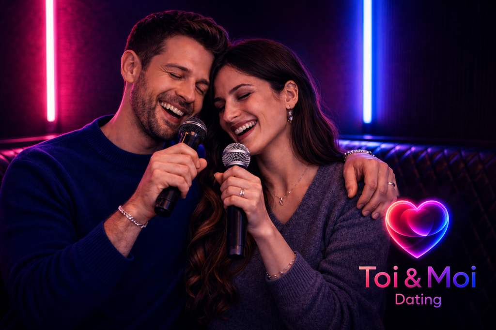 Couple souriant chantant au karaoké avec des micros, dans une ambiance lumineuse et romantique, avec le logo Toi & Moi Dating.